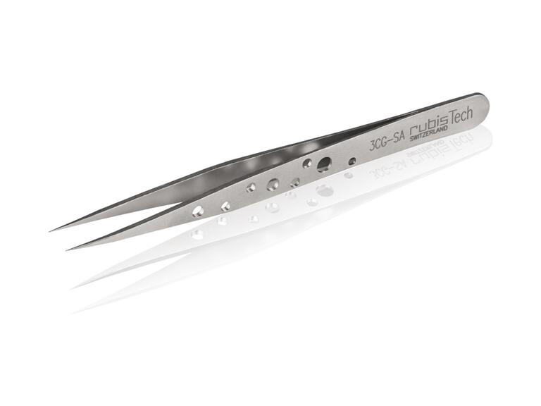 Pincette Rubis de haute précision – pointes droites, pointues, ultrafines ; manche perforé