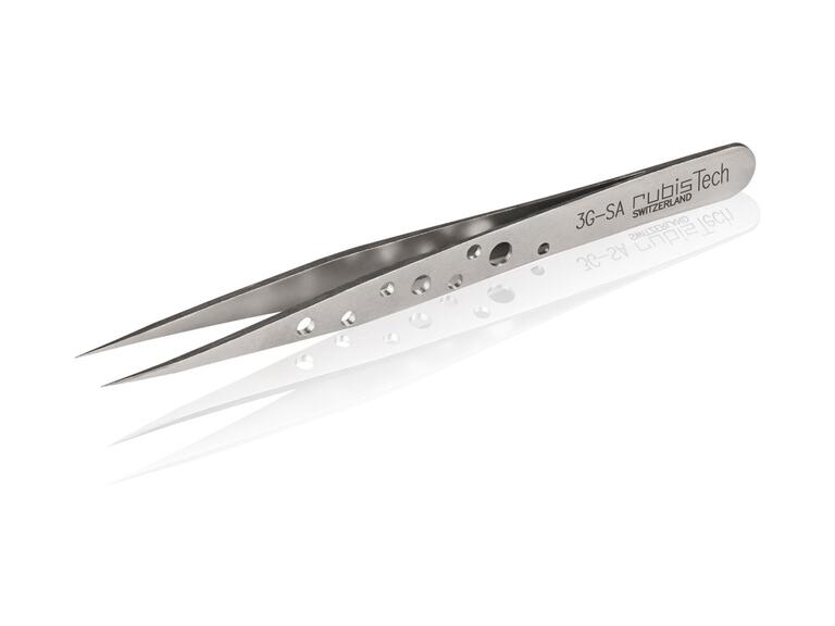 Pincette Rubis de haute précision – pointes droites, pointues, ultrafines ; manche perforé