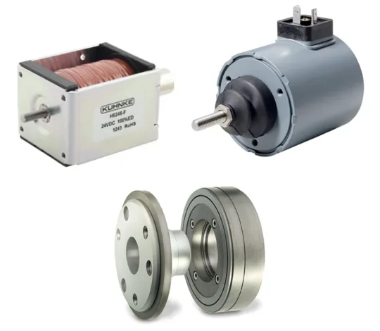 Drei verschiedene Elektromotoren und Kupplungen, darunter eine 24VDC-Spule, ein runder Hubmagnet und eine Flanschkupplung.