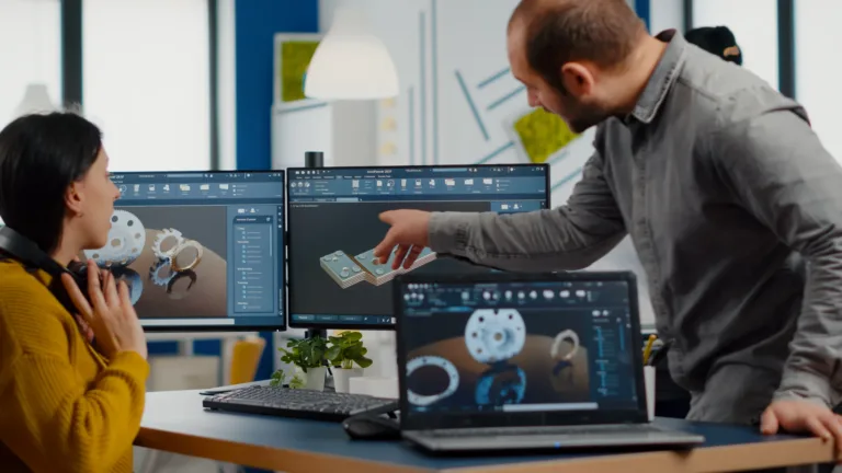 Ingenieur zeigt Kollegin CAD-Entwurf auf Monitor, beide diskutieren 3D-Modell. Büro, Computertechnik, Zusammenarbeit.