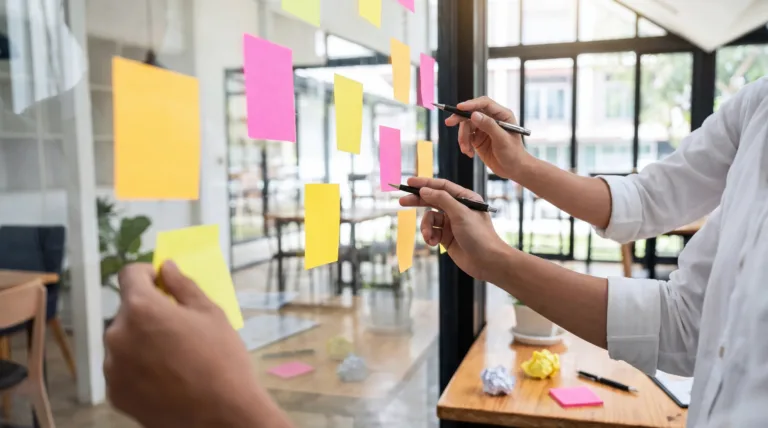 Personen arbeiten an einer Glaswand, kleben bunte Haftnotizen und planen in einem modernen Büro mit natürlichem Licht.