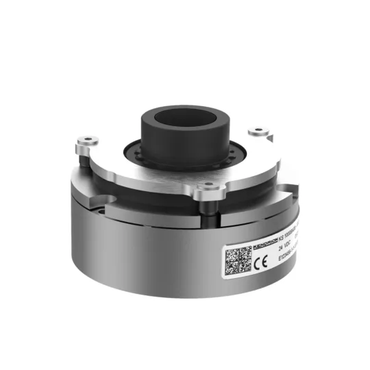 Industrielle elektromagnetische Bremse aus Metall mit schwarzem Zentrum, CE-Kennzeichnung und QR-Code auf der Vorderseite.
