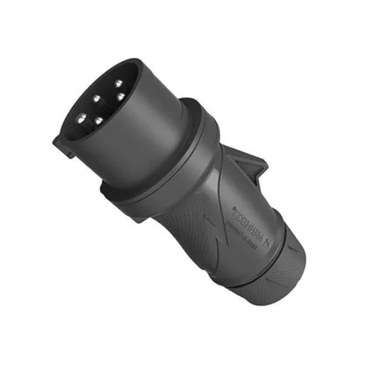 Schwarzer, fünfpoliger Stecker mit ergonomischem Griff und rutschfester Oberfläche für industrielle Anwendungen.