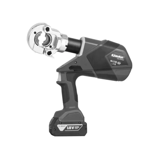 Akkubetriebenes Hydraulik-Crimppresswerkzeug mit ergonomischem Griff und 18V Bosch Lithium-Ionen-Akku in Schwarz-Silber.