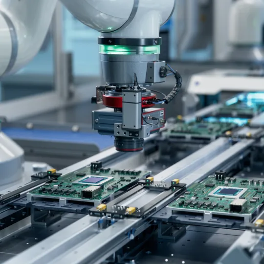 Roboterarm montiert Leiterplatten auf Förderband in moderner Elektronikfabrik, industrielle Automatisierung im Fokus.