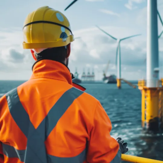 Arbeiter in orangener Schutzkleidung blickt auf Offshore-Windpark mit Windkraftanlagen und Plattformen bei bewölktem Himmel.