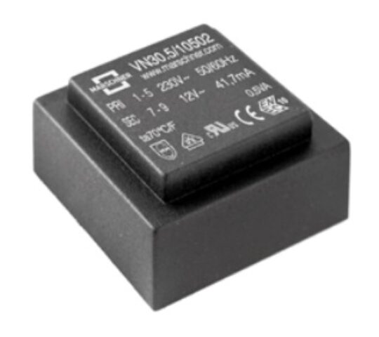 Elektronisches Bauteil, schwarzer Transformator mit tech. Spezifikationen bedruckt, rechteckige Form, für 12V-230V Anwendungen.