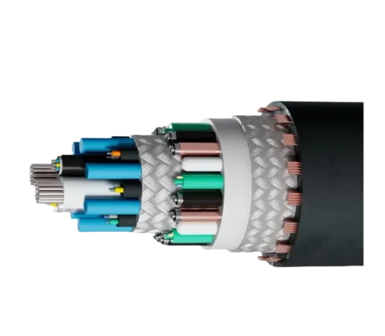 Querschnitt eines mehrlagigen Stromkabels mit unterschiedlichen farbigen Drähten und Isolierungen, zeigt Kabelaufbau.