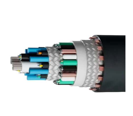 Querschnitt eines mehrlagigen Stromkabels mit unterschiedlichen farbigen Drähten und Isolierungen, zeigt Kabelaufbau.