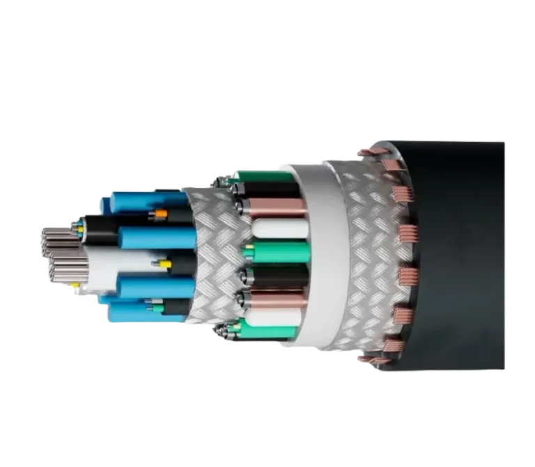 Querschnitt eines mehrlagigen Stromkabels mit unterschiedlichen farbigen Drähten und Isolierungen, zeigt Kabelaufbau.
